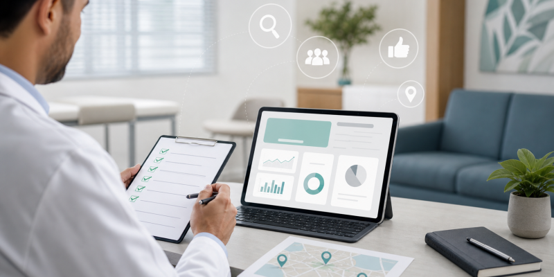 Médico analisando um checklist de marketing médico ético com painel digital em uma clínica moderna