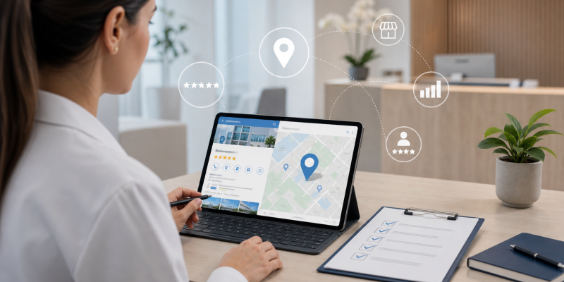Página de clínica médica otimizada para aparecer no Google com busca, mapa e conteúdo estruturado