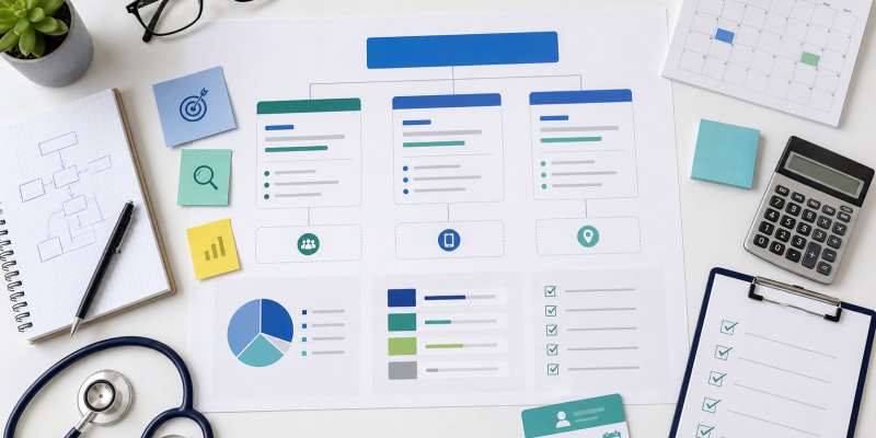 Mesa de planejamento de campanhas de Google Ads para clínicas com checklist, calendário, orçamento e materiais médicos