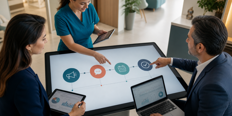 Equipe integrando marketing médico, atendimento e conversão em um fluxo compartilhado
