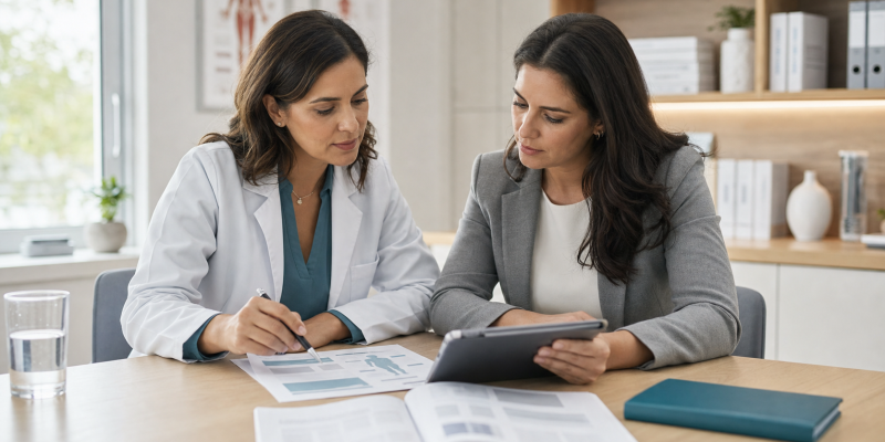 Médica e profissional de comunicação revisando um conteúdo médico educativo