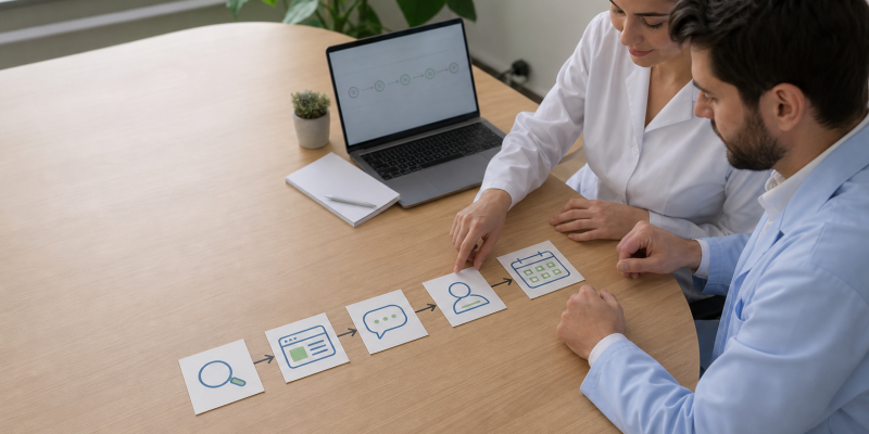 Equipe de clínica analisando as etapas do funil de marketing médico