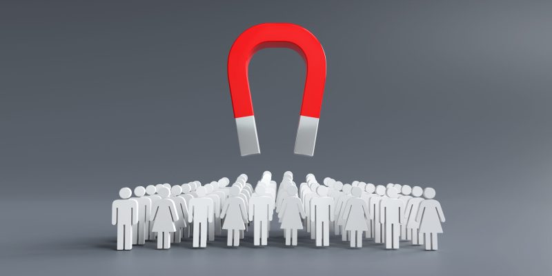 Magnets attracting customers, Business Lead ideas, Business team building, Recruiting people to join the team. 3D illustration