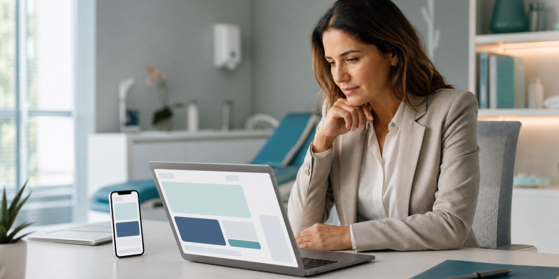 Gestora analisando uma landing page para clínica médica no computador e no celular