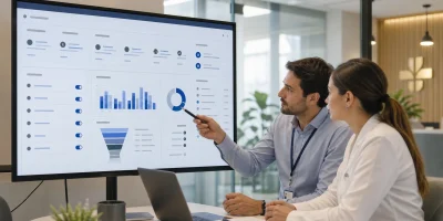 Gestora de clínica e analista revisando um painel de campanhas digitais