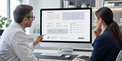 Médico e estrategista revisando uma página de serviço com conteúdo educativo