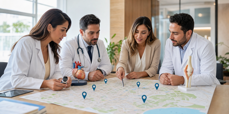 Especialistas médicos analisando um mapa para planejar SEO local por área